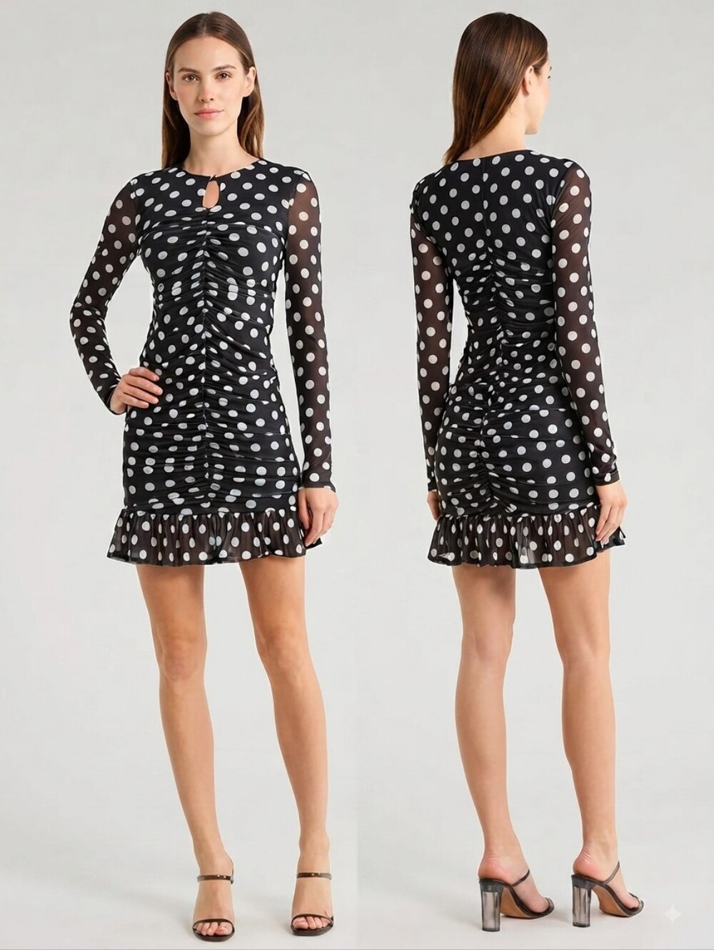 AFRM Reformation NEW Polka Dot Antoinette L Ruched Mesh Mini Dress Ruffles Sheer